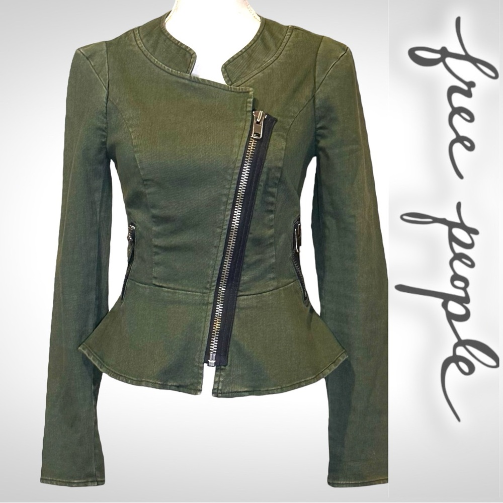 Free People Zipper Green Moto Jacket